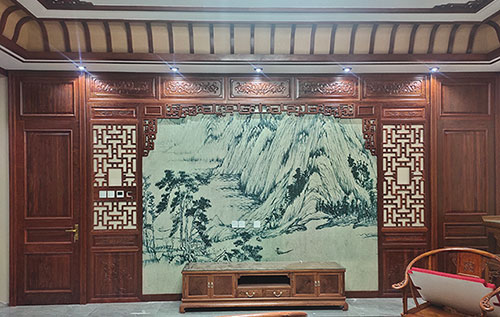 三江中式仿古别墅客厅背景墙花格木作装饰